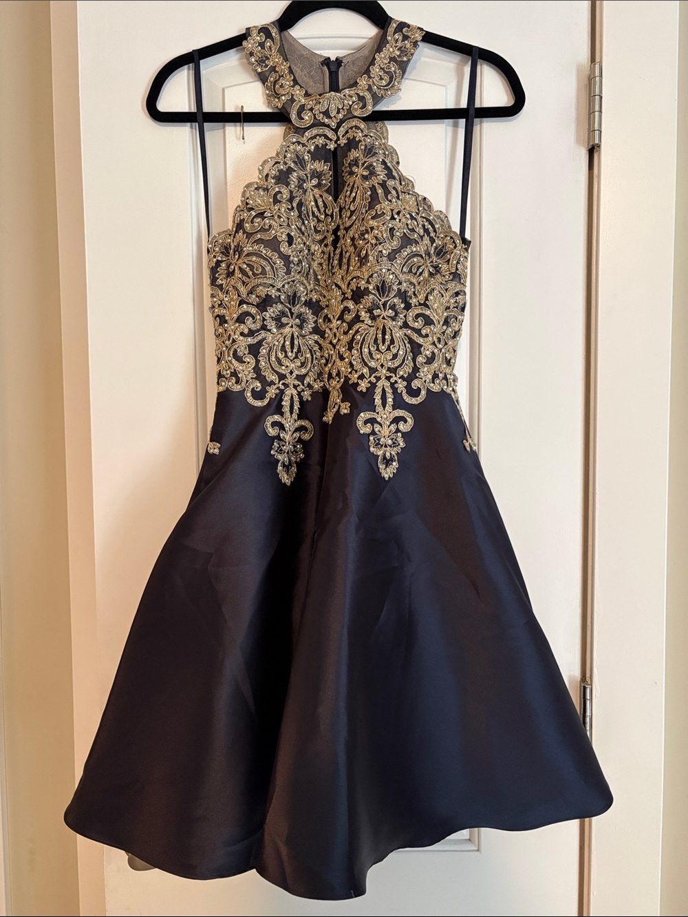 Blue & Gold Embellished Halter Cocktail Dress